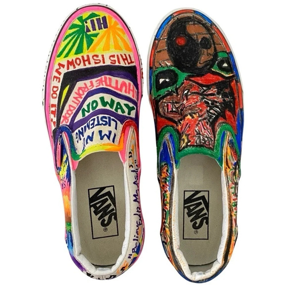 VANS Sneakers Custom Hand Drawn Graffiti Slide On Shoes Women 7.5 Men 6 Upcycled - Picture 4 of 16